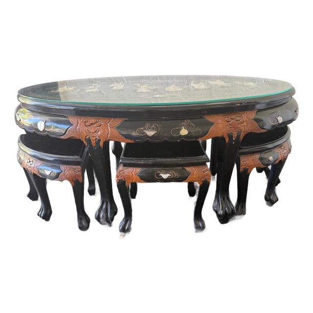 1950s Asian Black Lacquer Inlaid Coffee Table With Nested Stools For Sale