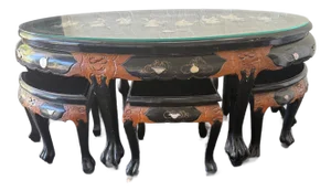 1950s Asian Black Lacquer Inlaid Coffee Table With Nested Stools