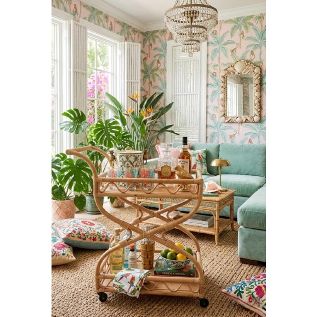 Vintage Rattan Coastal Regency 2 Tier Light Blond Bar Cart For Sale In West Palm - Image 6 of 7