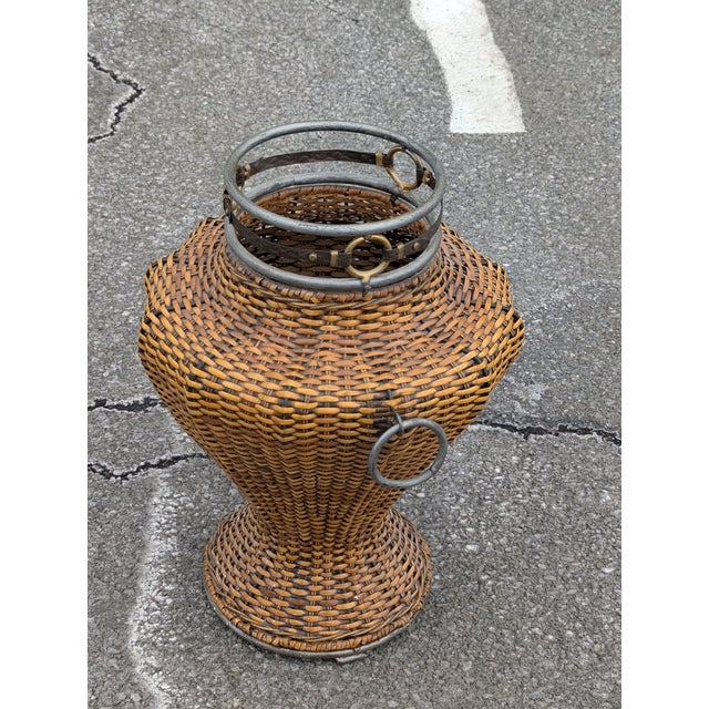 Vintage Woven Rattan Floor Vase With Metal Accent For Sale - Image 4 of 6