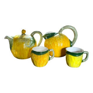 1960s Italian Lemon Majolica Pitcher & Mug Set – Set of 4 For Sale