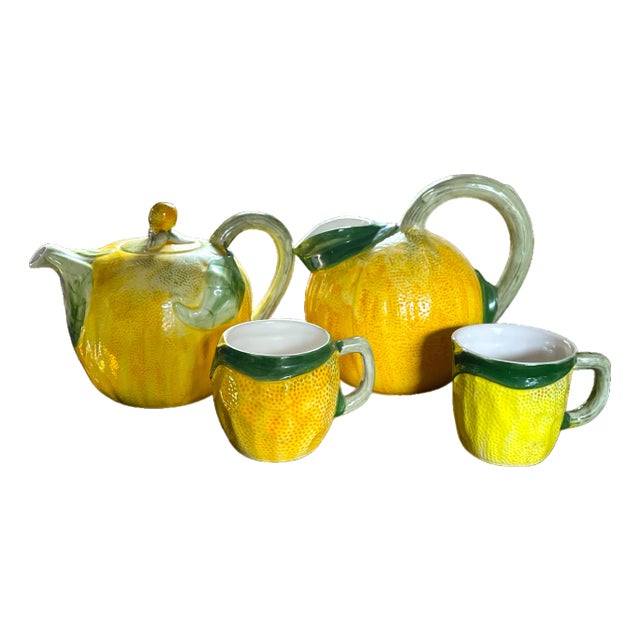 1960s Italian Lemon Majolica Pitcher & Mug Set – Set of 4 For Sale