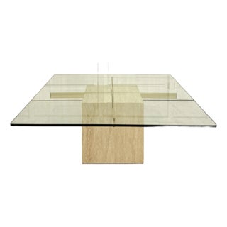 1970's Italian Travertine and Glass Coffee Table Attributed to Artedi For Sale