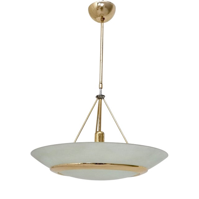 Brass and Etched Glass Bowl Pendant in the style of Fontana Arte, Italy, 1980s For Sale