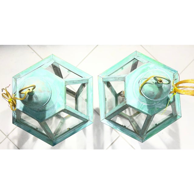 Exquisite Pair of Vintage Solid Brass Hexagonal Hanging Lanterns - 24” X 16” For Sale In Miami - Image 6 of 16