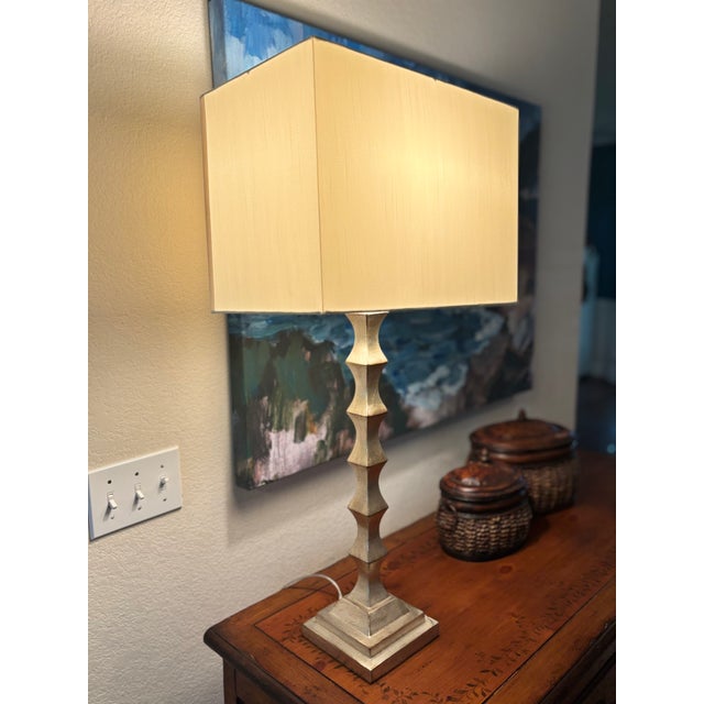 Sculptural Modern Table Lamp With Carved Metal Base & Linen Cube Shade For Sale - Image 4 of 4
