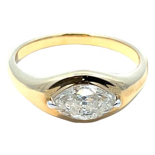 18k Yellow Gold Bezel Set Marquise Diamond Ring With White Gold Accents, Size 7 For Sale