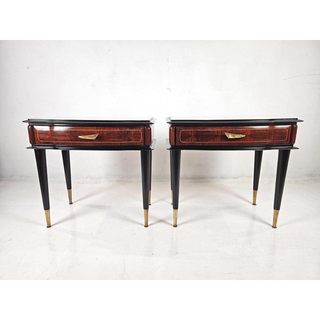Mid-Century Italian Nightstands in Walnut and Beech with Brass Details, 1950s, Set of 2 For Sale - Image 4 of 12