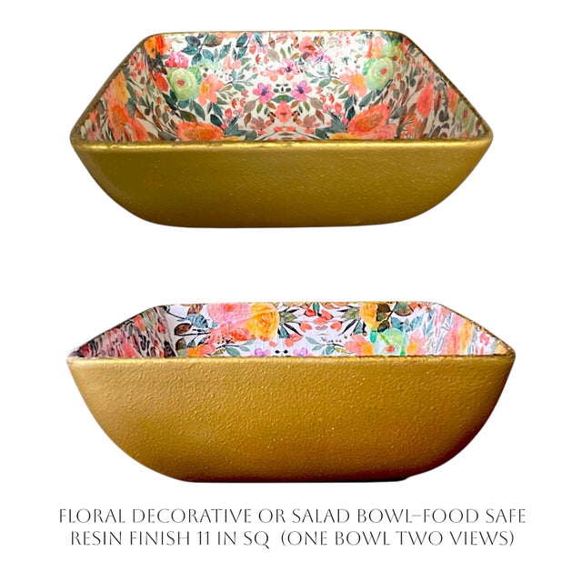 Boho Chic Floral Vibrant Decorative or Serving Bowl - Food Safe Resin Finish 11 in Sq For Sale - Image 3 of 4