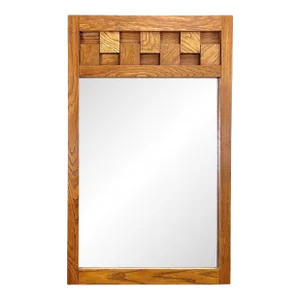 Mid Century Lane Staccato Brutalist Oak Beveled Glass Mirror