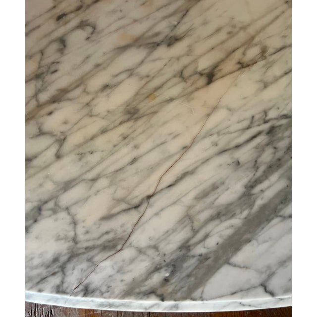 Mid 20th Century Mid 20th Century French Provincial Style Oval Marble-Top Center Table | Italian Marble | Carved Rose Garland Apron | Lyre Base For Sale - Image 5 of 14