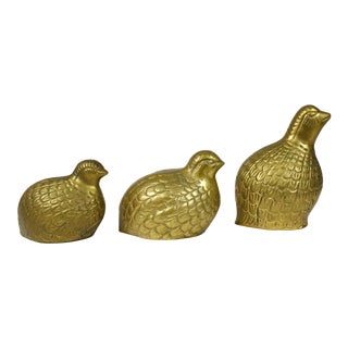 Vintage Mid 20th Century Brass Quails Partridge Family Figurines - Set of 3 For Sale