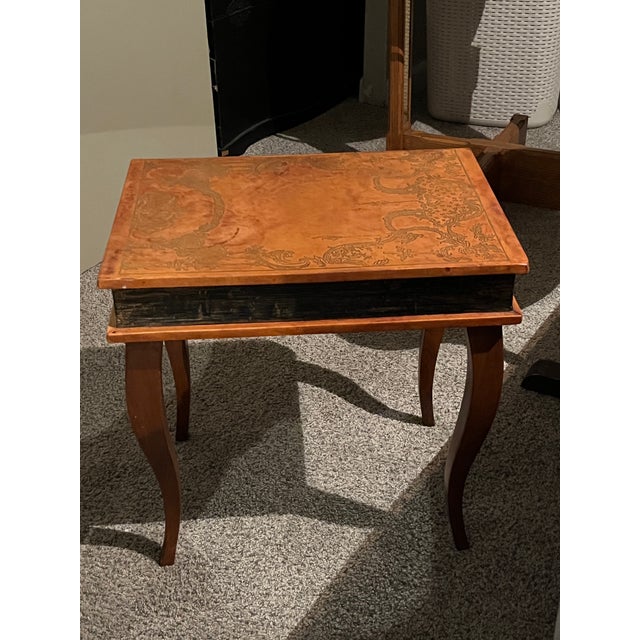 Small Leather Top, Cherry Coffee Table, Louie the XV Revival / Cabriole Legs / Gold Embossed Leather Top, Intricate Gold Marquetry, 1950-60’s For Sale - Image 11 of 12