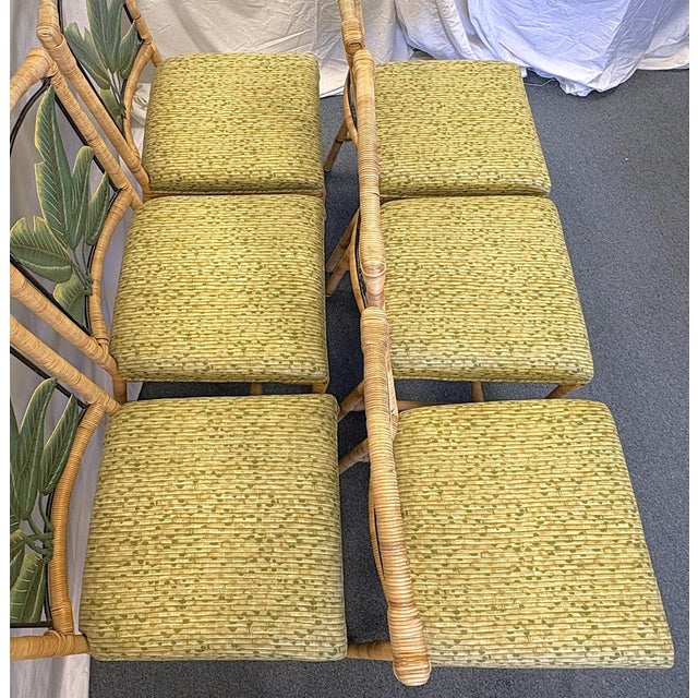 Metal Vintage McGuire Style Rattan Wrapped Dining Chairs With Banana Leaf Back Detail- Set of 6 For Sale - Image 7 of 18