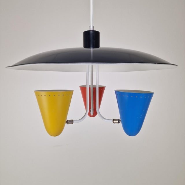 Mid-Century Zonneserie Three-Light Pendant attributed to H. Busquet for Hala Zeist, 1950s For Sale - Image 6 of 16