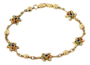Multi-Color Enamel Turtle 14k Yellow Gold Charms Bead Bracelet