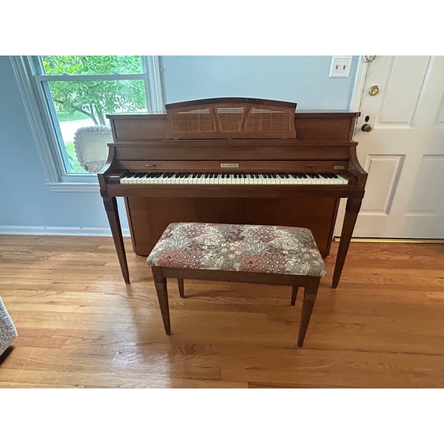 Vintage Baldwin Walnut Upright Piano With Cane Music Rack & Floral Bench Included For Sale - Image 9 of 11