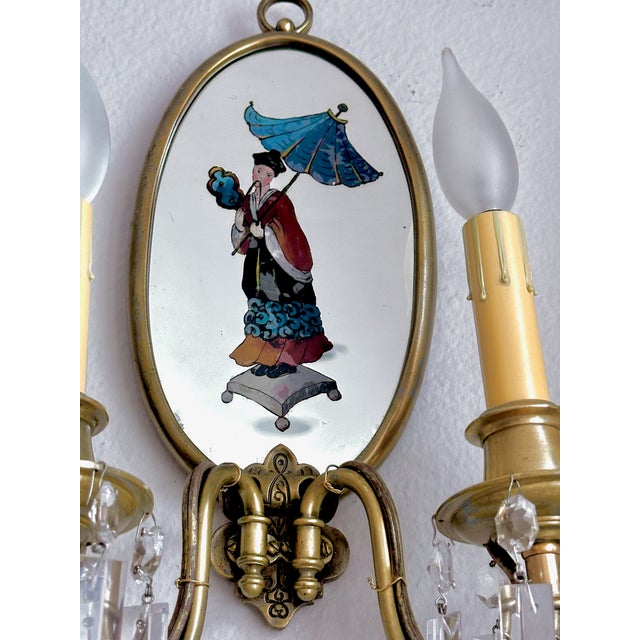 Pair Chinoiserie Eglomise Mirrored Sconces - E F Caldwell For Sale - Image 12 of 16