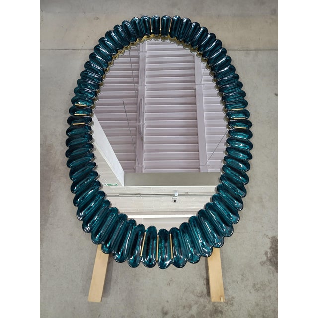 2000 - 2009 Mid-Century Style Italian Oval Mirror in Murano Glass and Brass, 2000 For Sale - Image 5 of 11