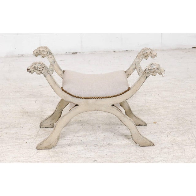Wood Italian Midcentury Empire Style Painted and Upholstered Bench with Ram Heads For Sale - Image 7 of 9