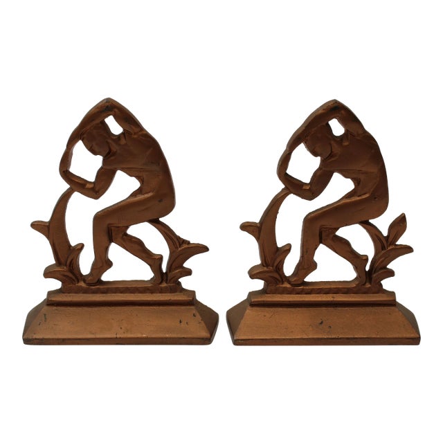 Art Deco Copper-Tone "Strong Man" Bookends For Sale