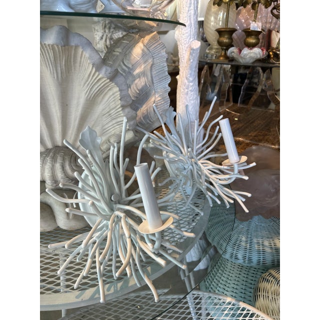 Vintage Pair Palm Beach Coral Metal Tole Wall Sconces Lights Newly Wired White For Sale - Image 12 of 12