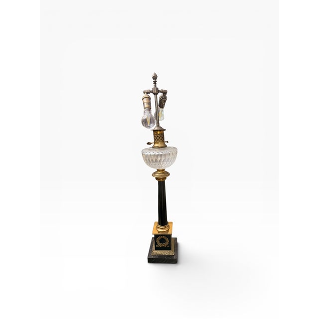 Neoclassical Mid 20th Century Pair of Neoclassical Empire Style Crystal Oil Font Marble & Gilt Bronze Table Lamps For Sale - Image 3 of 10