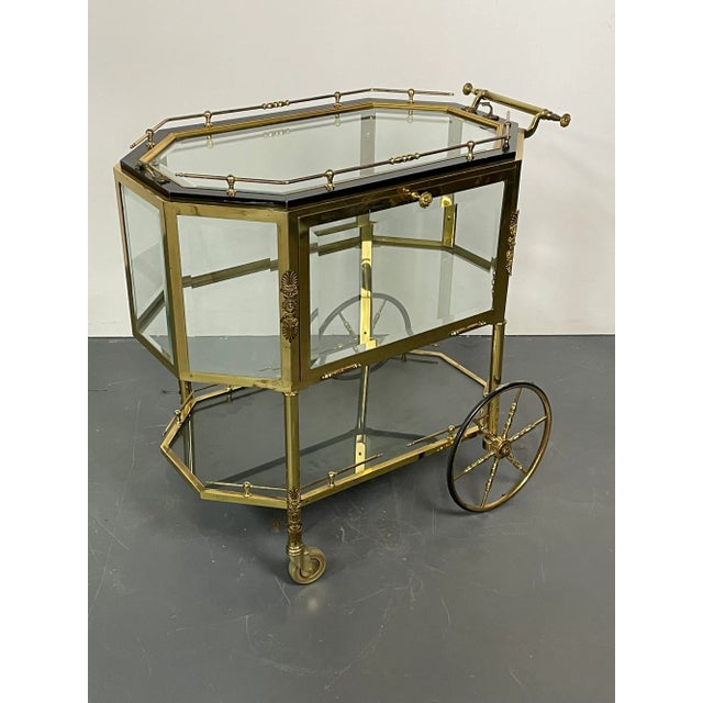 1940s Hollywood Regency Beveled Glass, Bronze and Brass Tea Wagon or Serving Cart For Sale - Image 5 of 13