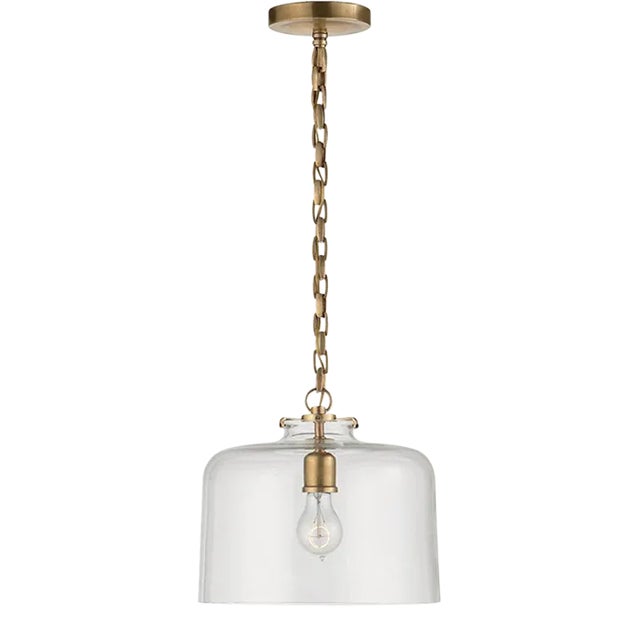 Thomas O'Brien for Visual Comfort Signature Katie Dome Pendant in Hand-Rubbed Antique Brass with Clear Glass For Sale