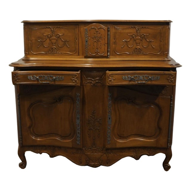 Wood Vintage Antique Solid Walnut Louis XV French Provincial Style 66" Buffet Cabinet W. Glissant Top For Sale - Image 7 of 12