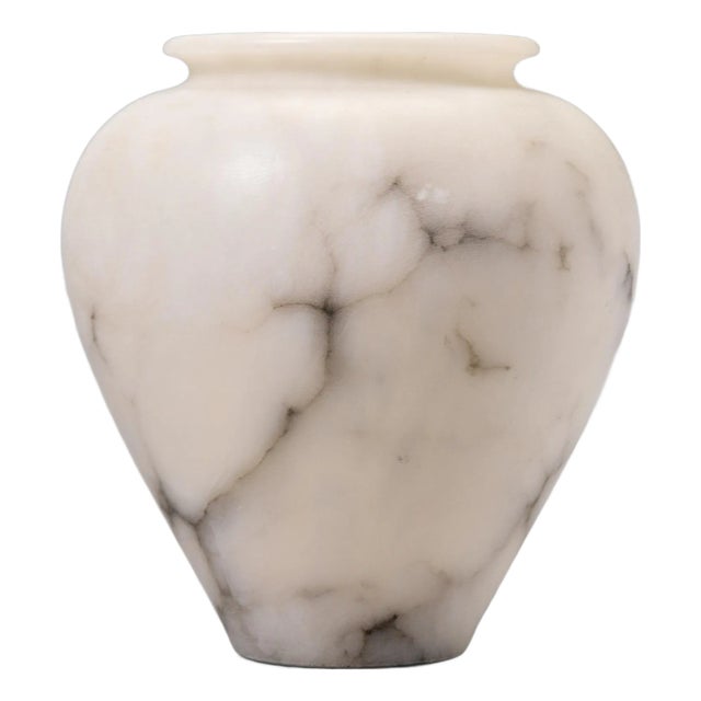 Medium White Alabaster Pot Vase With Gray Streaks For Sale