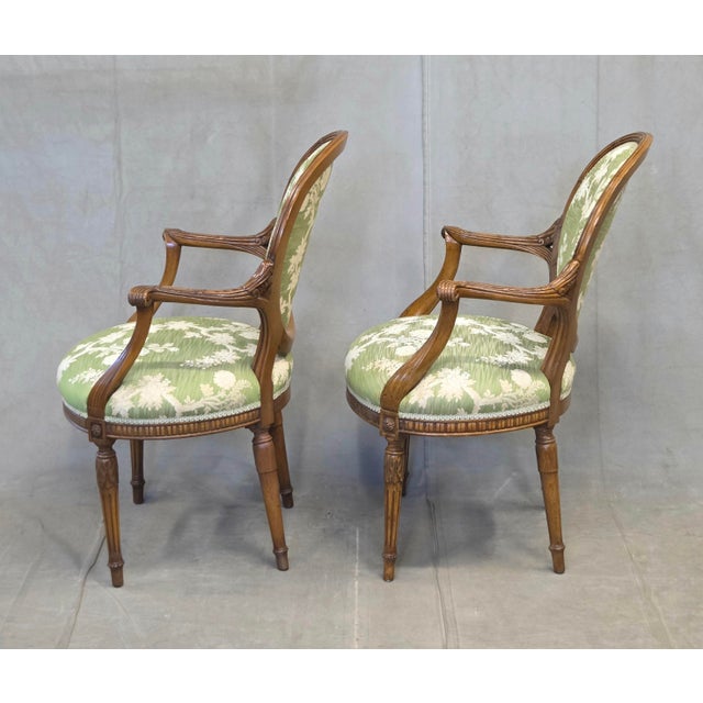 Vintage French Louis XVI Style Armchairs With Green and Cream Upholstery - A Pair For Sale - Image 10 of 12