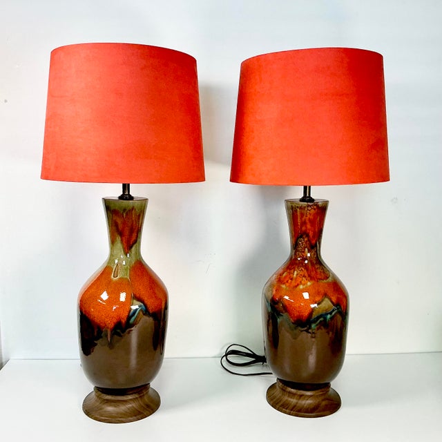 1960s 1960s Vintage Boho Chic Glazed Drip Ceramic Table Lamps - A Pair, New Shades. For Sale - Image 5 of 15