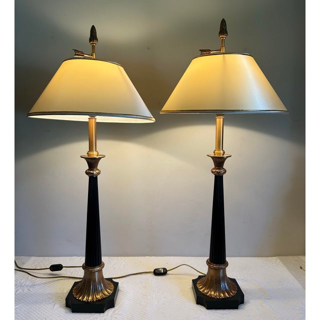 Vintage Pair of Maitland Smith Tall Black and Gold Column Style Table Lamps For Sale - Image 12 of 12