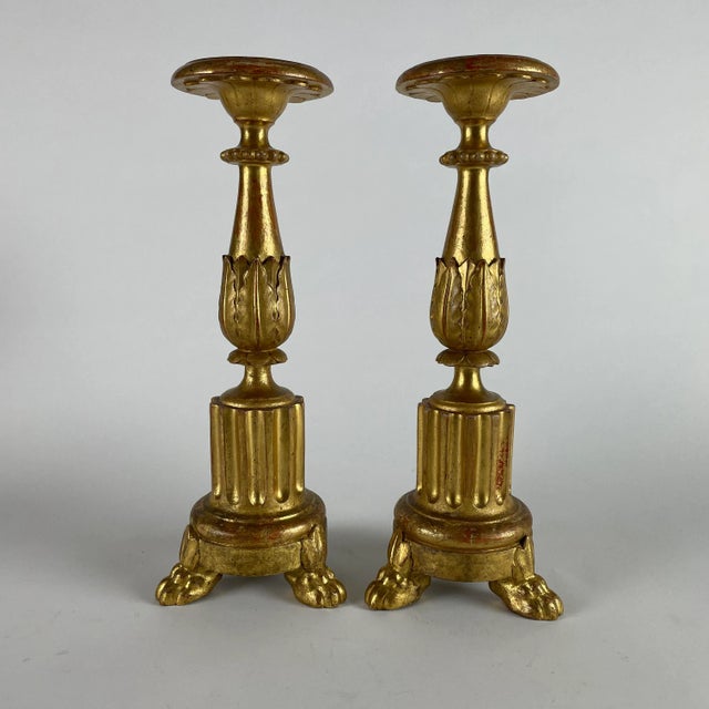 19th Century Italian Carved and Gilded Wooden Candlesticks, Set of 2 For Sale - Image 4 of 4