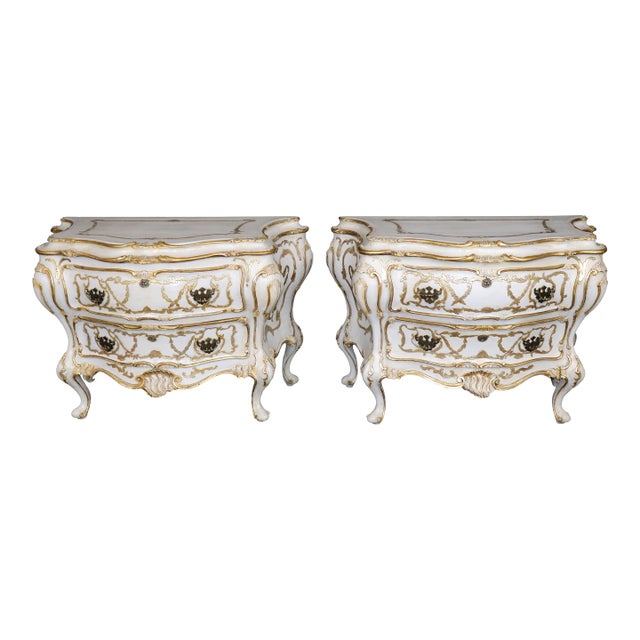 Pair of Antique Italian Rococo Style Parcel Gilt Paint Decorated Commodes For Sale
