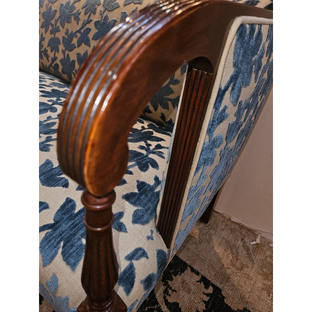 English Handsome Hand Carved 19th C. Sheridan Settee or Sofa Upolstered in Designer Silk Cut Velvet For Sale - Image 3 of 7