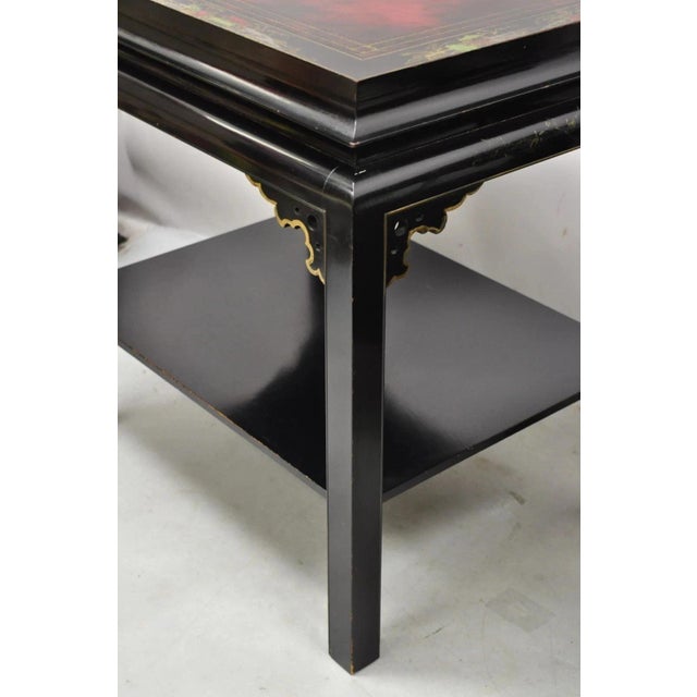 Vintage Chinoiserie Black Lacquered Red Leather Top 2 Tier End Tables - A Pair For Sale - Image 11 of 12