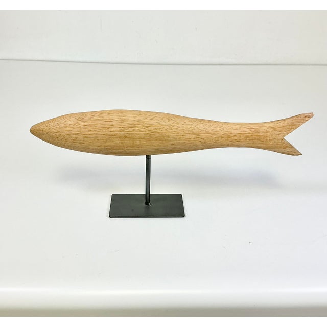 1970s Vintage Arts & Crafts Boho Chic Coastal Hand Carved Oak Fish Sculpture, Steel Museum Mount For Sale - Image 4 of 13