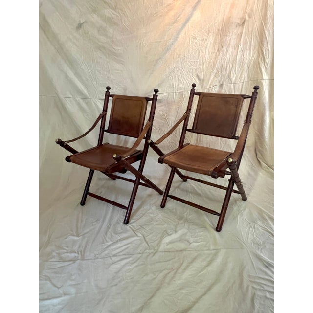 Pair of Faux Bamboo Folding Leather and Wood Campaign Chairs with Brass Details For Sale - Image 10 of 12