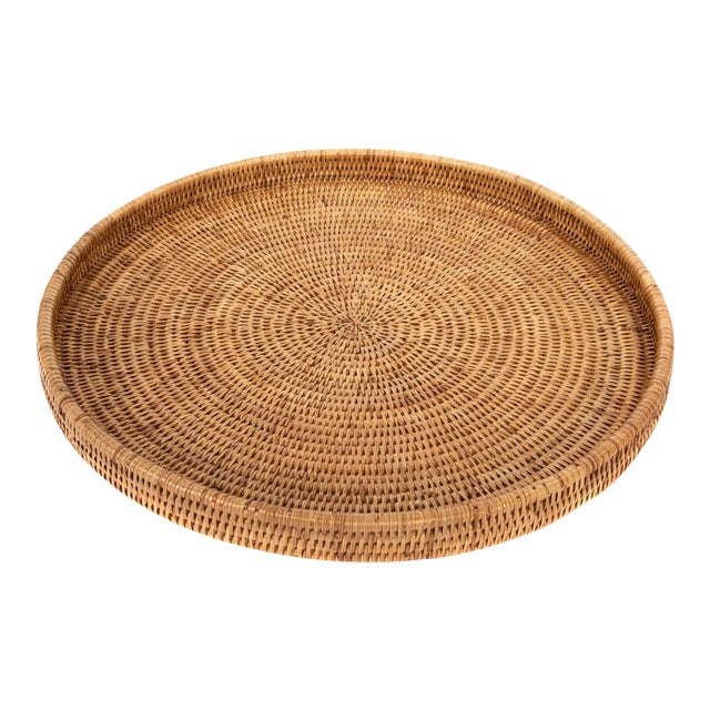 Artifacts Rattan Round Serving / Ottoman Tray in Honey Brown - 19" For Sale