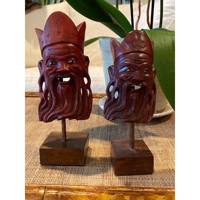 Hand-Carved Wooden Mask sculptures on Custom Stands - a Pair