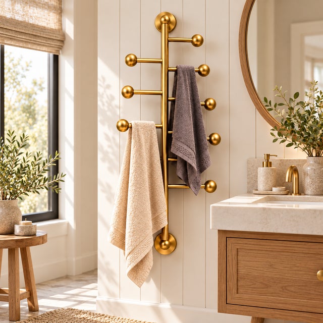 Metal Brass Wall Mounted Towel Rack | Vertical Multi-Arm Towel Holder | Luxury Bathroom Decor | Modern Brass Towel Bar With Finials 36 Inches For Sale - Image 7 of 11