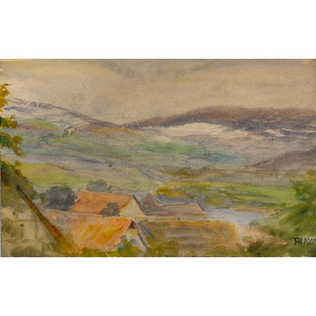 Heinrich Pforr, Wide Hilly Landscape with Village and Distant View, Watercolor, in Very Good conditions. Designed 1890 to...