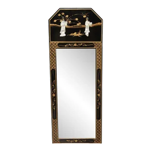 Chinoiserie Decorated Black Lacquer Trumeau Mirror