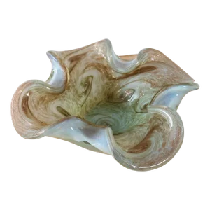 Mid-Century Murano Glass Four-Clover Trinket Bowl in Gold Swirls With Milk Opaque Iridescent Design