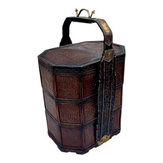 1950's 3 Tiered Octagonal Brass Handled Chinese Wedding Basket For Sale