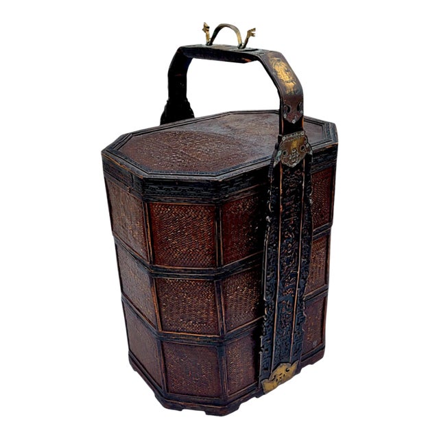 1950's 3 Tiered Octagonal Brass Handled Chinese Wedding Basket For Sale