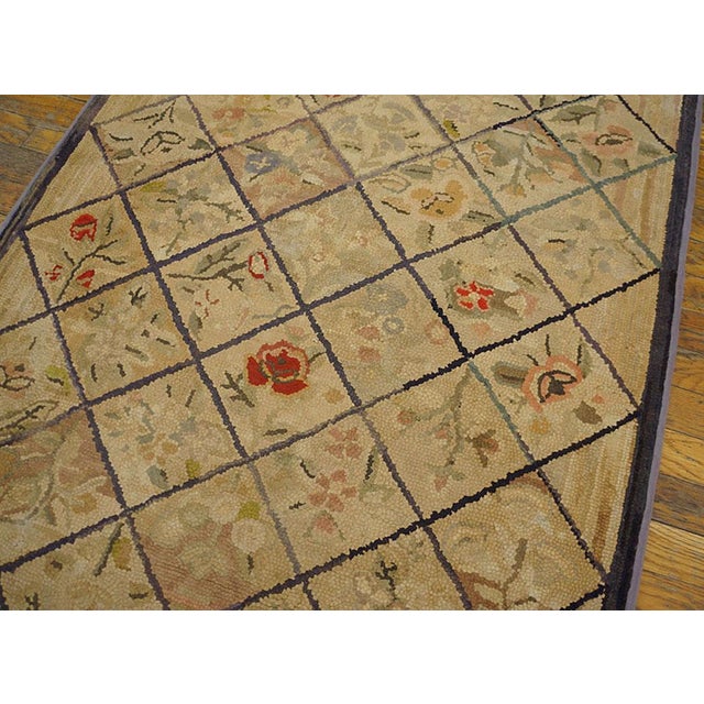 Camel 1930s Tan Camel Diamond Folk Art Antique American Hooked Rug3'0"x 5'0" Handknotted Wool Carpet For Sale - Image 8 of 11