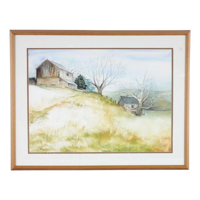 1960s Landscape of a Farm Original Watercolor on Paper Signed Clarissa Johnson, Framed For Sale